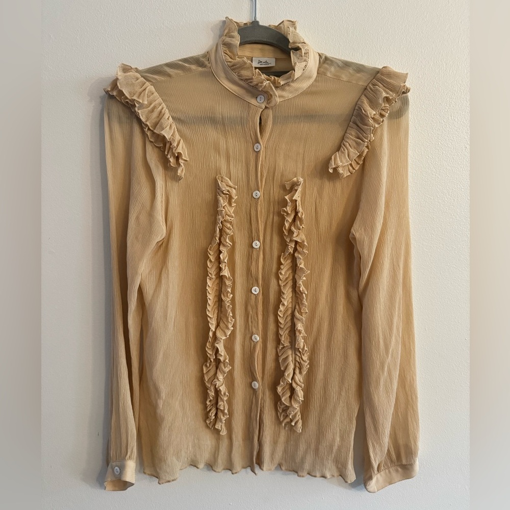 Daslu São Paulo light beige crinkled silk sheer ruffle blouse